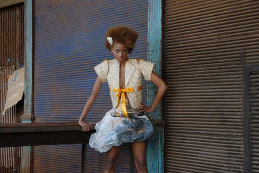 La Habana, Cuba-February 11, 2009:Cuban model wears clothes made of paper.The difficulty in obtaining the tissues,has stimulated the designer is the 'avant-garde Lazarus Dobauchet Rodriguez