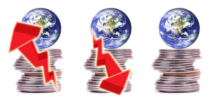 Money, finance and economy of the world. Concept image showing economic growth, recession or depression and also showing that world is run by money power. Earth picture credit to: http://visibleearth.nasa.gov 