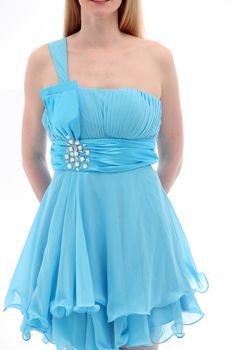 Woman in blue dress on white background