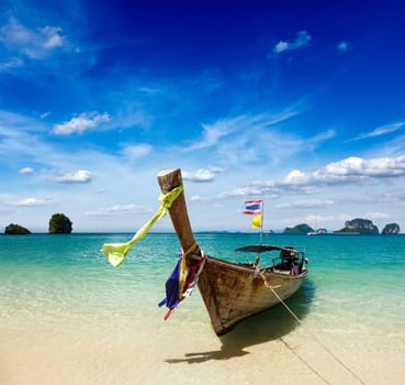 Long tail boat on tropical beach, Krabi, Thailand