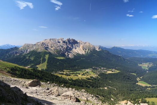 summer landscape of Costalunga pass and Latemar mount, Trentino Alto Adige, Italy
