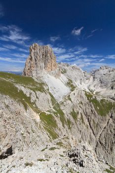 summer landscape of Catinaccio group from Roda di Vael peak, Trentino, Italy