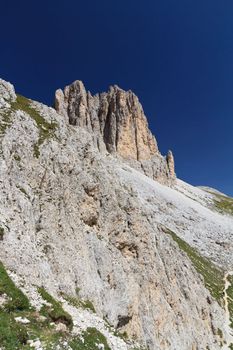 summer landscape on Catinaccio Dolomites, on background Sforcella  mount