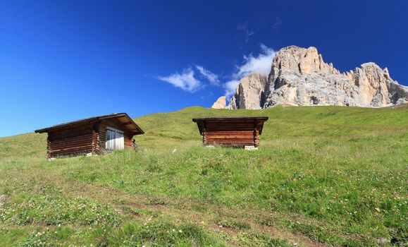 	barn beneath Sassolungo mount, Fassa Valley, Trentino, Italy