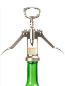 Macro of corkscrew and bottle isolated on white