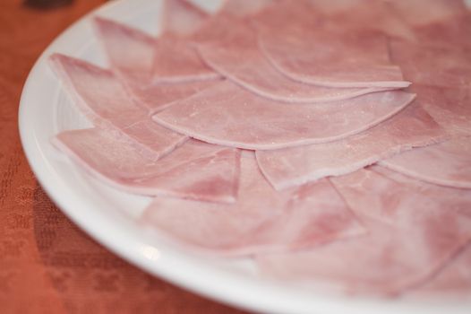 close up of a plate with ham