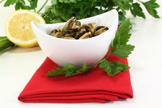 marinated mussels with flat leaf parsley in a bowl on red napkin