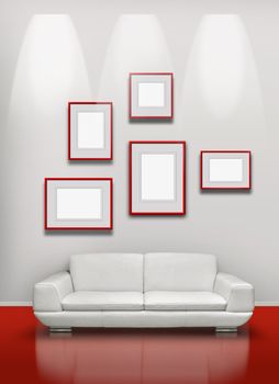 Picture gallery exhibition space red floor white sofa