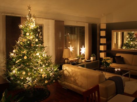 Christmas tree in modern home apartment living room