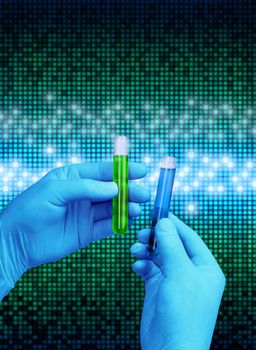 Hands wiht glass test tubes in digital science laboratory