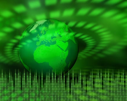Green planet emitting digital data pulses, information technology concept