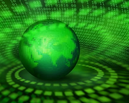 Green pixel planet emitting digital data pulses, information technology concept