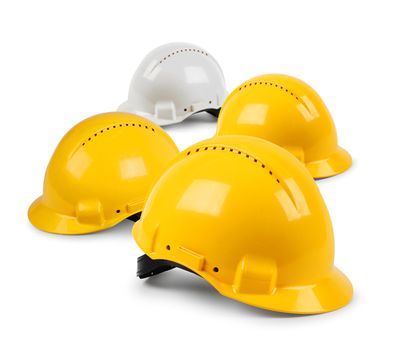 Four hard hat work team, protective safety helmets isolated