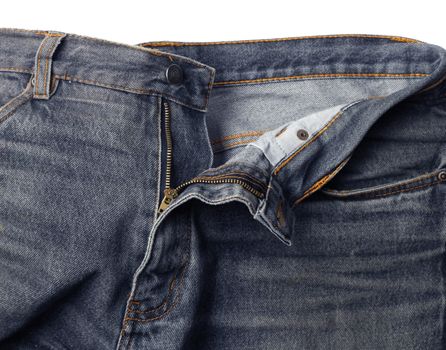 Worn jeans detail, metal zipper half open