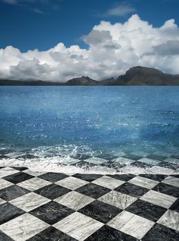 Checkered marble tile sea shore beach illusion fantasy