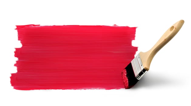 Paint brush painting red vertical strokes on white background