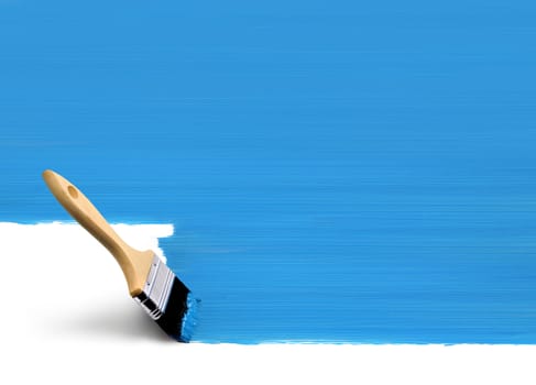 Paint brush painting vertical surface area blue on white background