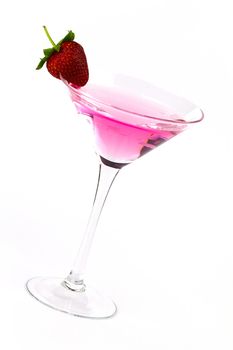 A pink martini cocktail with a strawberry garnish