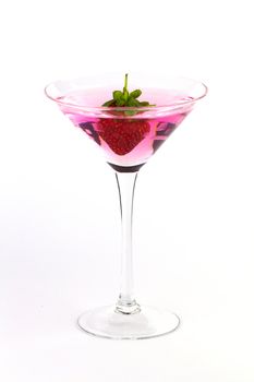 A pink martini cocktail with a strawberry garnish