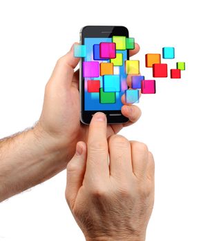 Male hands holding modern touchscreen smartphone, colorful icons burst