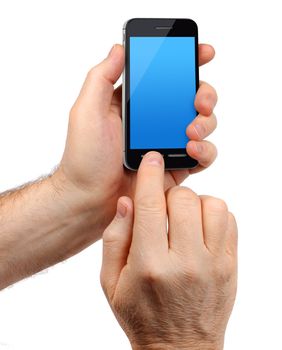 Male hands holding modern touchscreen smartphone, isolated on white background