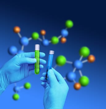 Chemist hands holding test tubes, molecular model background