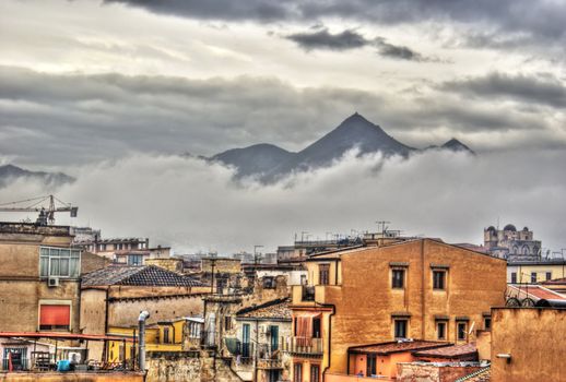 View of Palermo city in the clouds in high dynamic range. Sicily- Italy