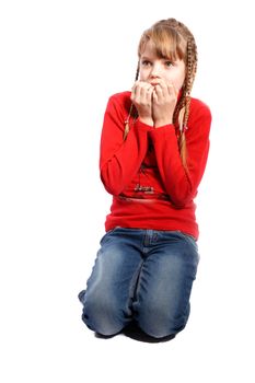 scared girl hiding face isolated on white