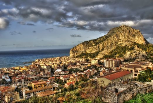 View of the Cefalù with sea and mountain in high dynamic range. Sicily- Italy