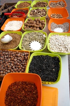 Variety of nuts on street market.