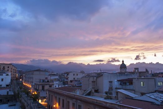 Palermo view at sunsetwhit roof and historical buildings.Sicily