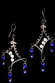 Unique handmade wire-work earrings with blue drops and violet beads