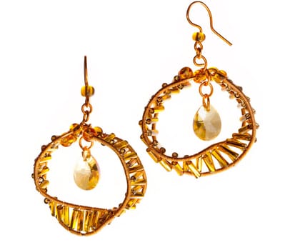 Unique handmade wire-work earrings with yellow drops and spangles