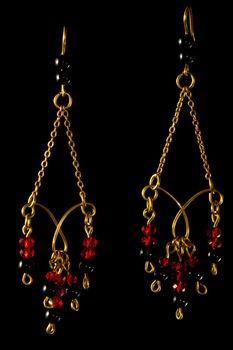 Unique handmade wire-work chain earrings with red and black beads