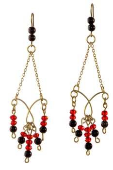 Unique handmade wire-work chain earrings with red and black beads
