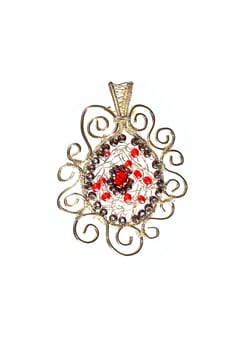 Unique handmade wire-work pendant with red and silver beads