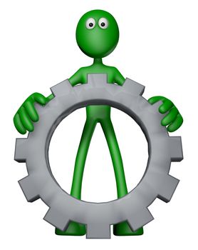 green guy with gear wheel - 3d illustration