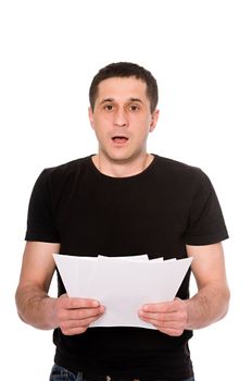 frightened man with letter isolated on white background