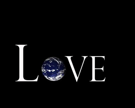 Illustration of the earth inside the word love on black background.