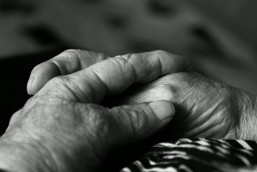 hands in prayer of old woman in black and white