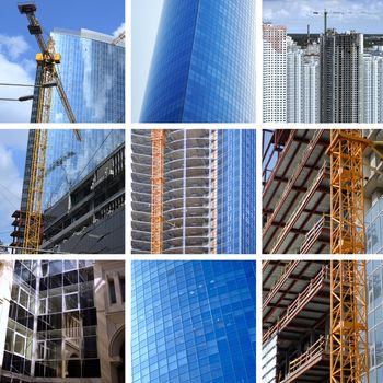 collage of construction of modern skyscrapers and building crane