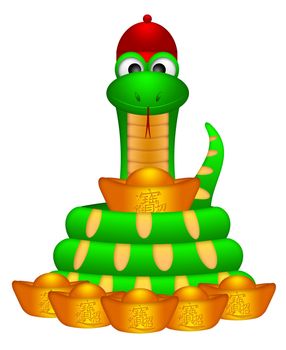 Cute Chinese New Year 2013 Snake and Gold Money Bars with Text Bringing in Wealth and Treasure Illustration