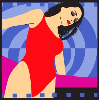 drawing of sexy woman in red bathing suit on zigzag background