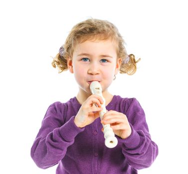 Cute little girl with  flute. Isolated on white background