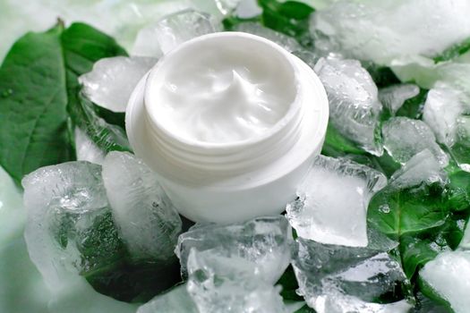 A jar of a cosmetic cream with fresh green leaves and pieces of ice. Beauty concept..