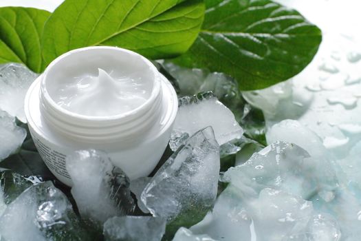 A jar of a cosmetic cream with fresh green leaves and pieces of ice. Beauty concept..