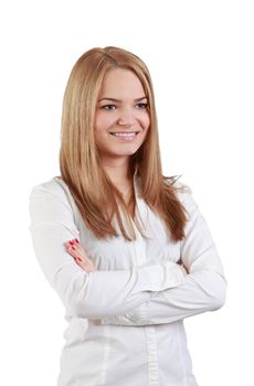 Portrait of a blonde young woman isolated against  a white background.
