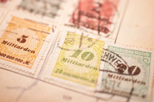 Close up of german reich inflation stamps