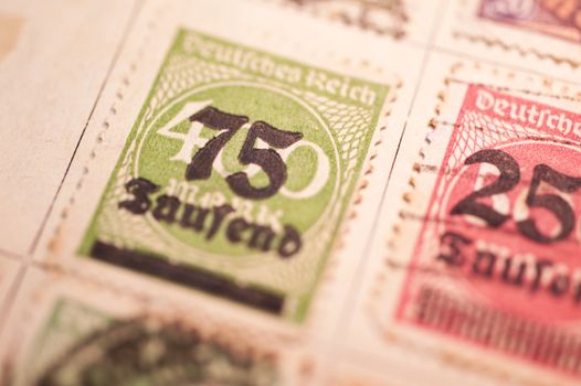 Close up of german reich inflation stamps