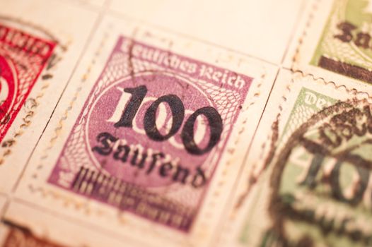 Close up of german reich inflation stamps